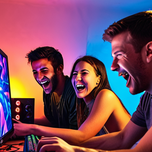 Home 4 ** A group of friends laughing and playing Sudden Attack together at a PC bang, illuminated by the colorful glow of the screens. Focus on their camaraderie and the fun of completing daily missions.
**