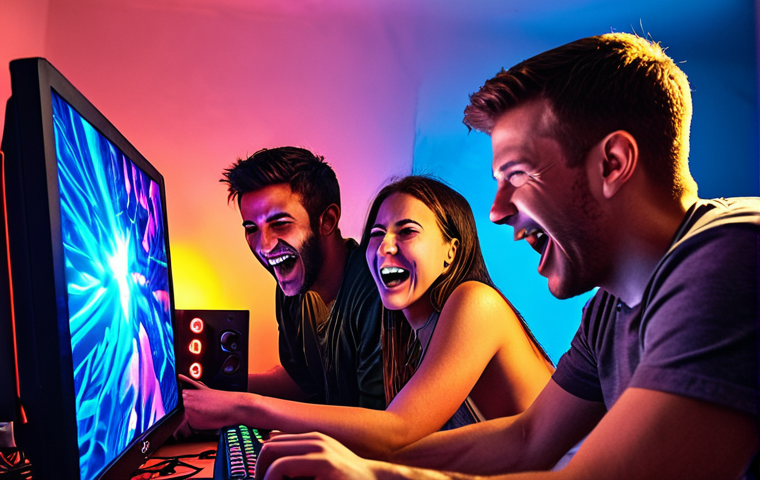 ** A group of friends laughing and playing Sudden Attack together at a PC bang, illuminated by the colorful glow of the screens. Focus on their camaraderie and the fun of completing daily missions.
**